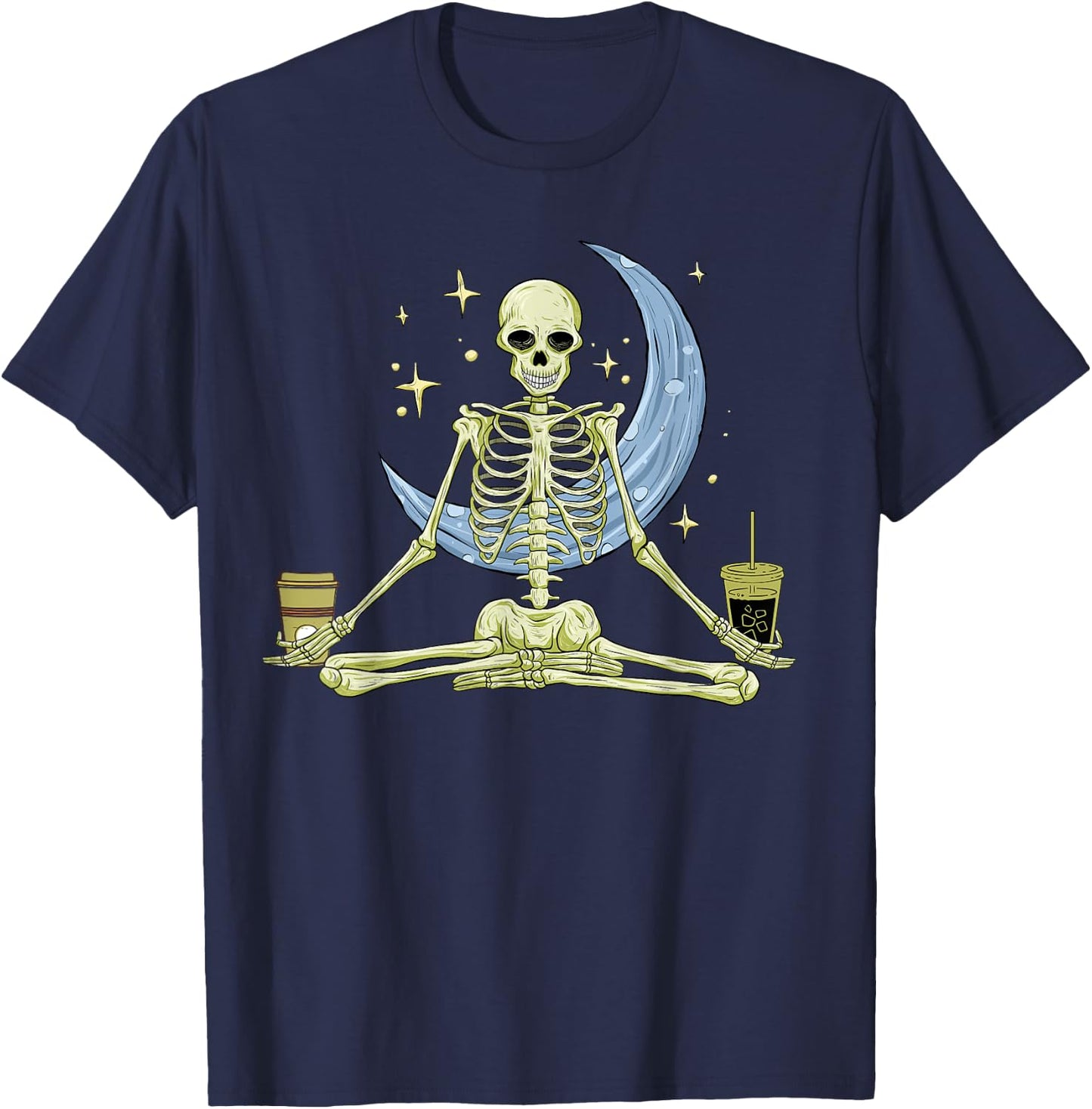 Skeleton Doing Yoga And Drinking Coffee Funny Meditation T-Shirt - T-Shirt | Navy