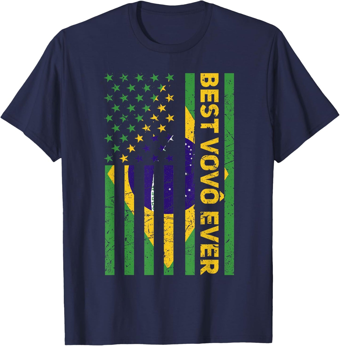 Best Vovô Brazil American Flag Retro Brasilian Grandpa T-Shirt - T-Shirt | Navy