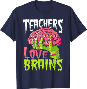 Teachers Love Brains Funny Zombie Teacher Halloween Zombies T-Shirt - T-Shirt | Navy