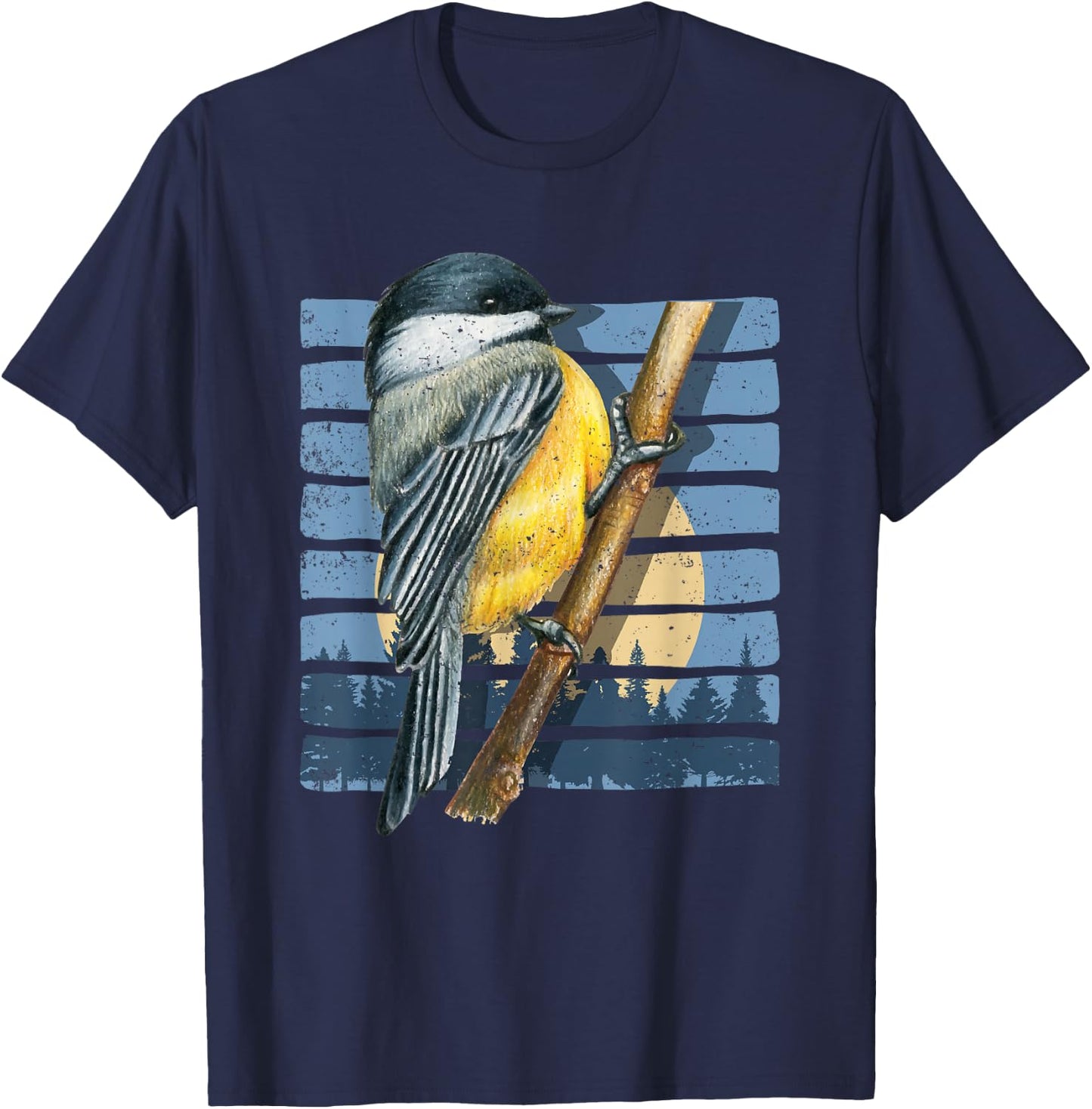 Retro Bird Watcher Chickadee Nature Forest Moon Birds T-Shirt - T-Shirt | Navy