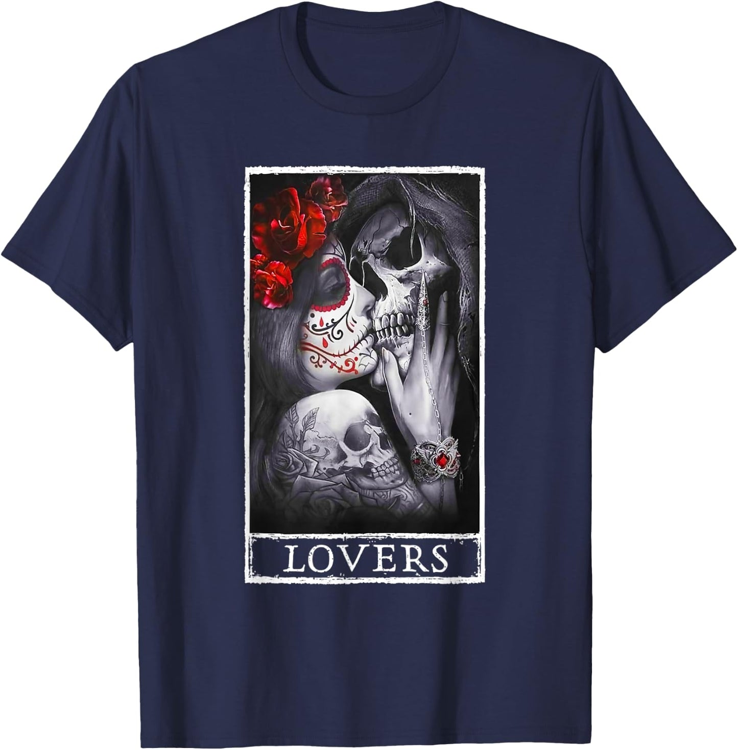 Woman Kissing Skeleton Skull Lovers Red Roses Goth Couple T-Shirt - T-Shirt | Navy