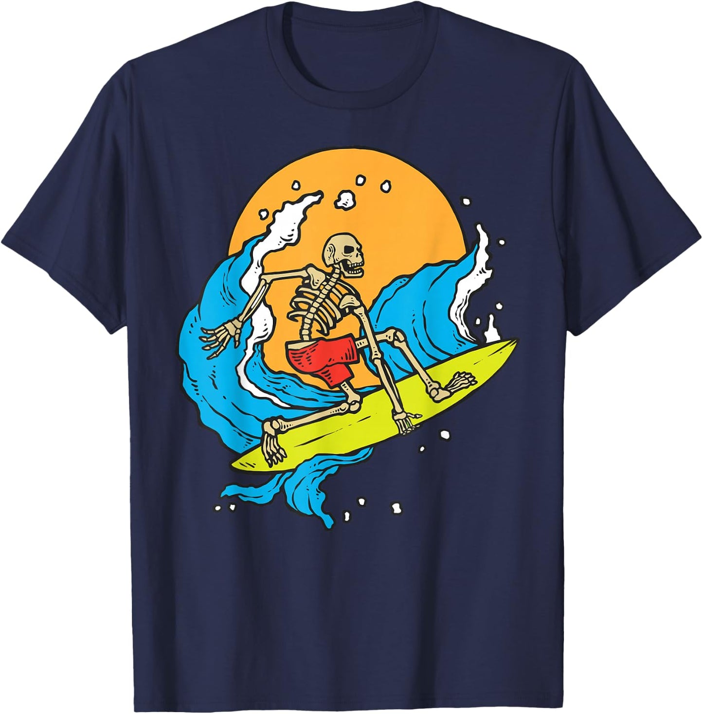 Skeleton Cartoon Illustration Image - Surfer Surfboard Surf T-Shirt - T-Shirt | Navy