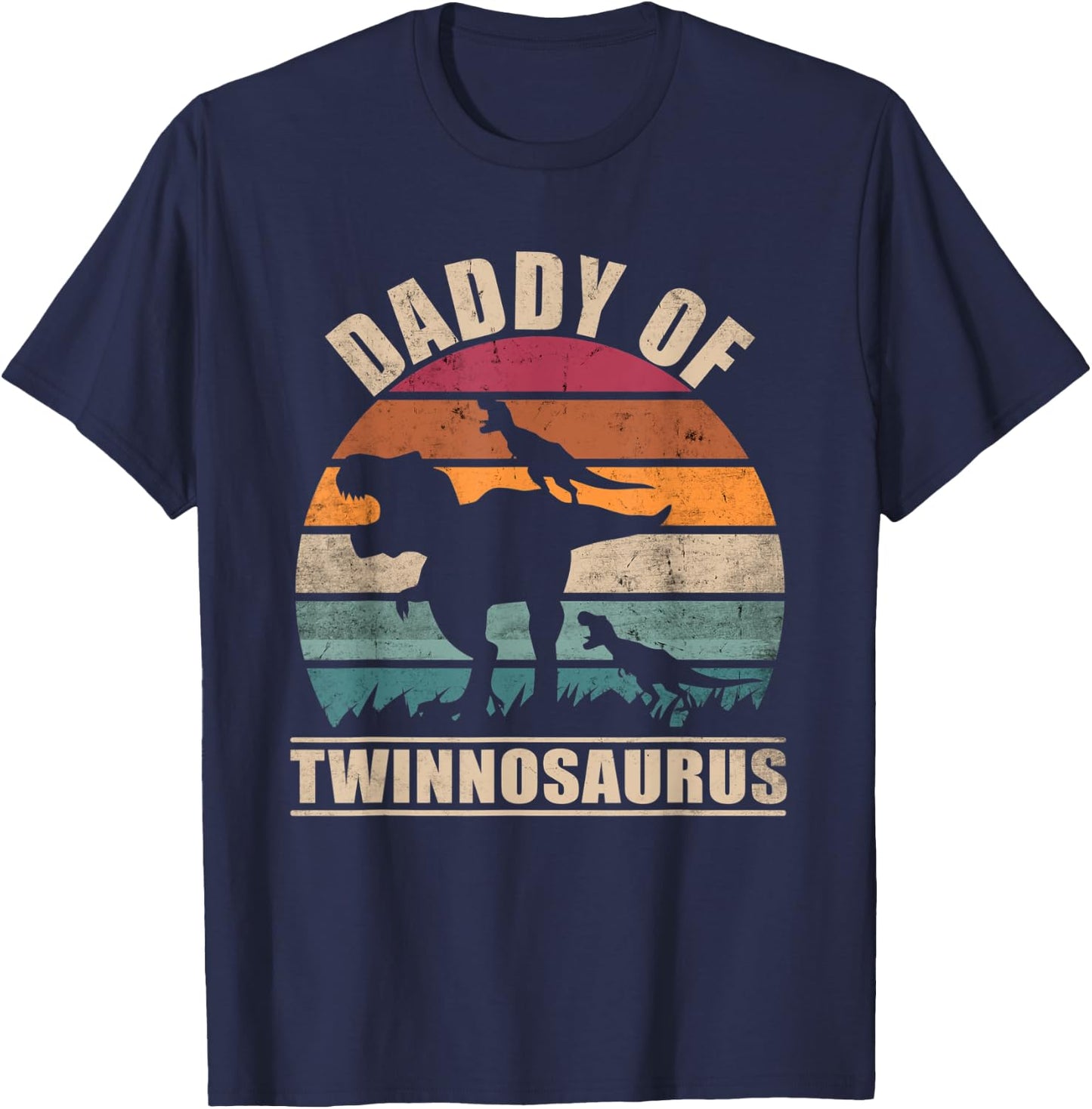 Dad of Twins Daddysaurus Pun Fathers Day Daddy of Twins T-Shirt - T-Shirt | Navy