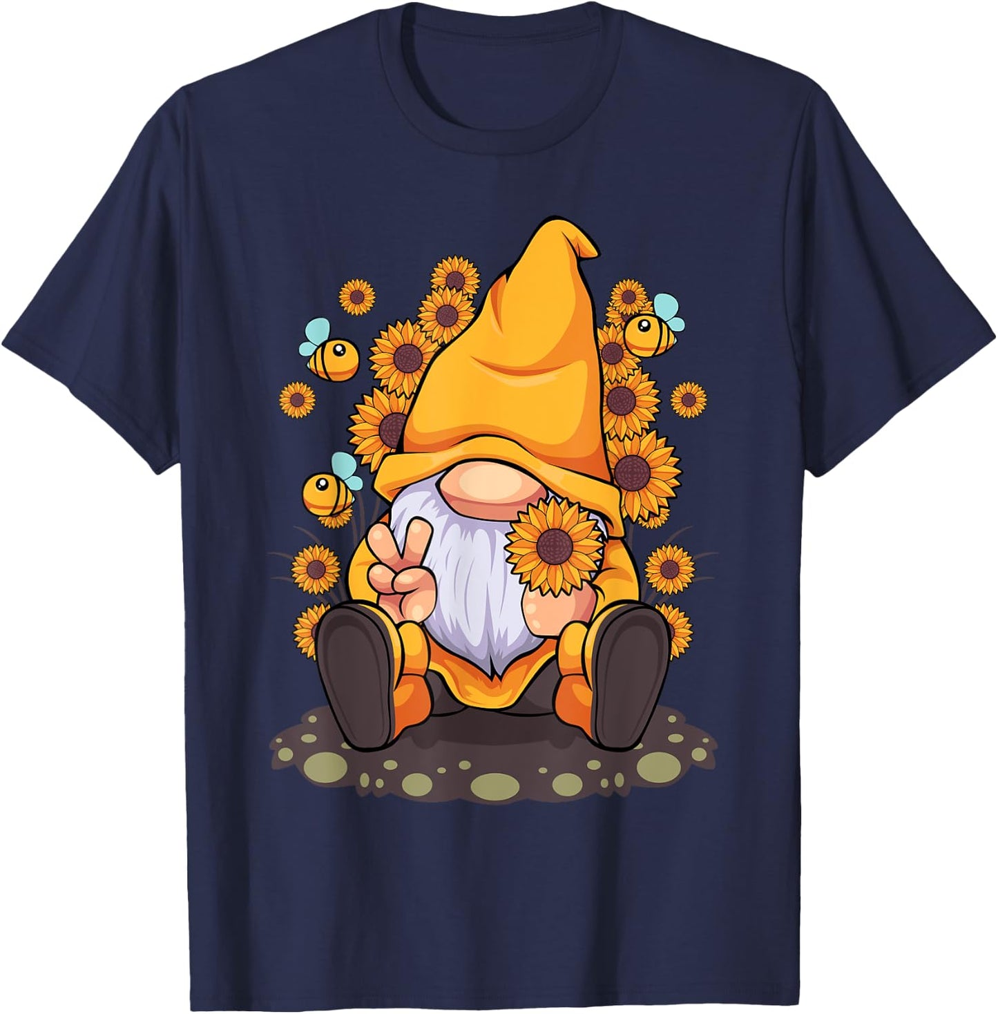 Funny Hippie Sunflower Gnome with Bee Flower Summer Men Women T-Shirt - T-Shirt | Navy