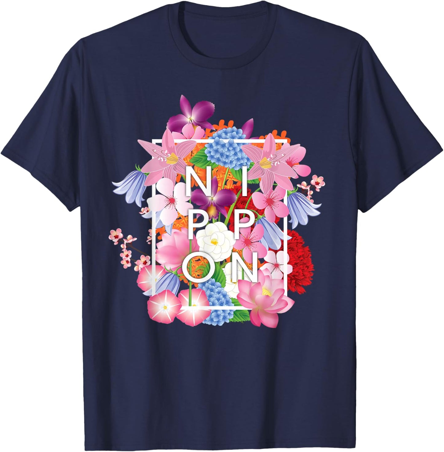 Flowers of Japan - Nippon Word Art T-Shirt - T-Shirt | Navy