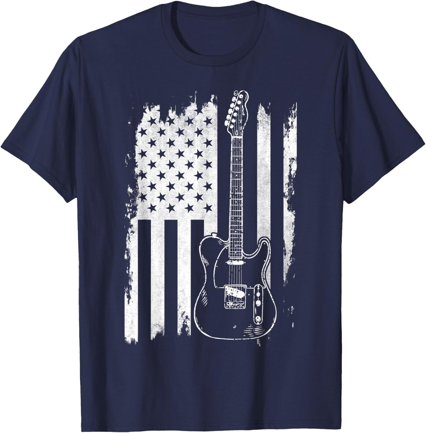 Lets Rock Rock n Roll Guitar Retro USA Flag Music T-Shirt - T-Shirt | Navy