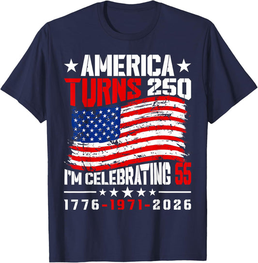 America Turns 250 I'm Celebrating 55th Birthday USA Flag T-Shirt - T-Shirt | Navy
