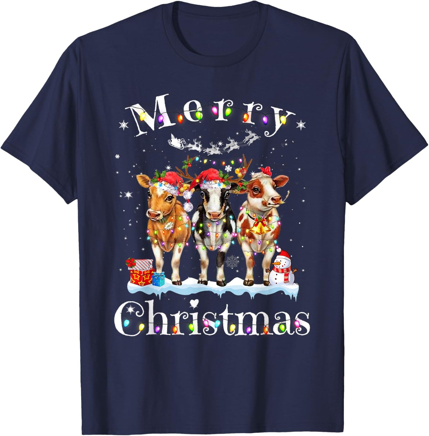 Cow Reindeer Hat Santa Christmas Lights Funny Cow Christmas T-Shirt - T-Shirt | Navy