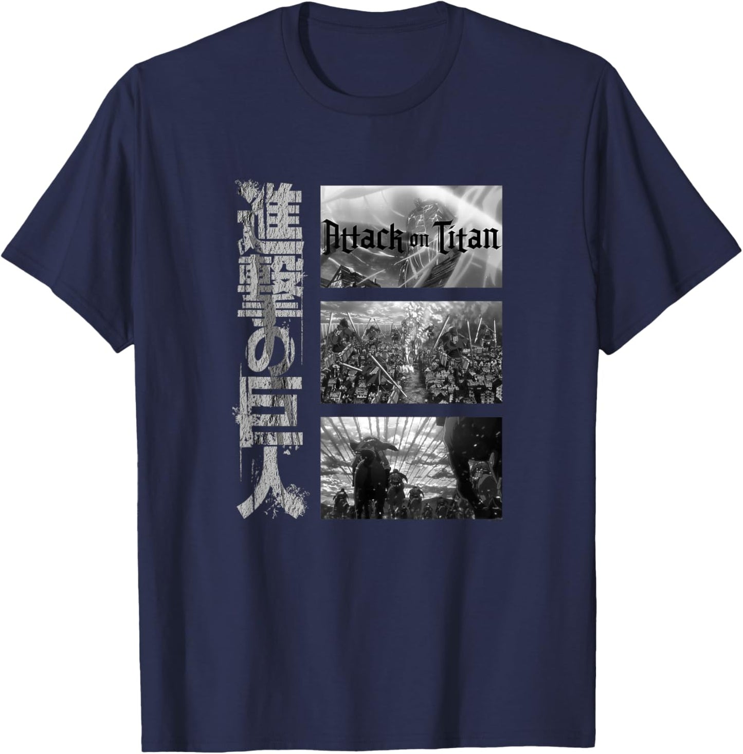 Attack on Titan Season 3 Three Scenes with Kanji Anime T-Shirt - T-Shirt | Navy