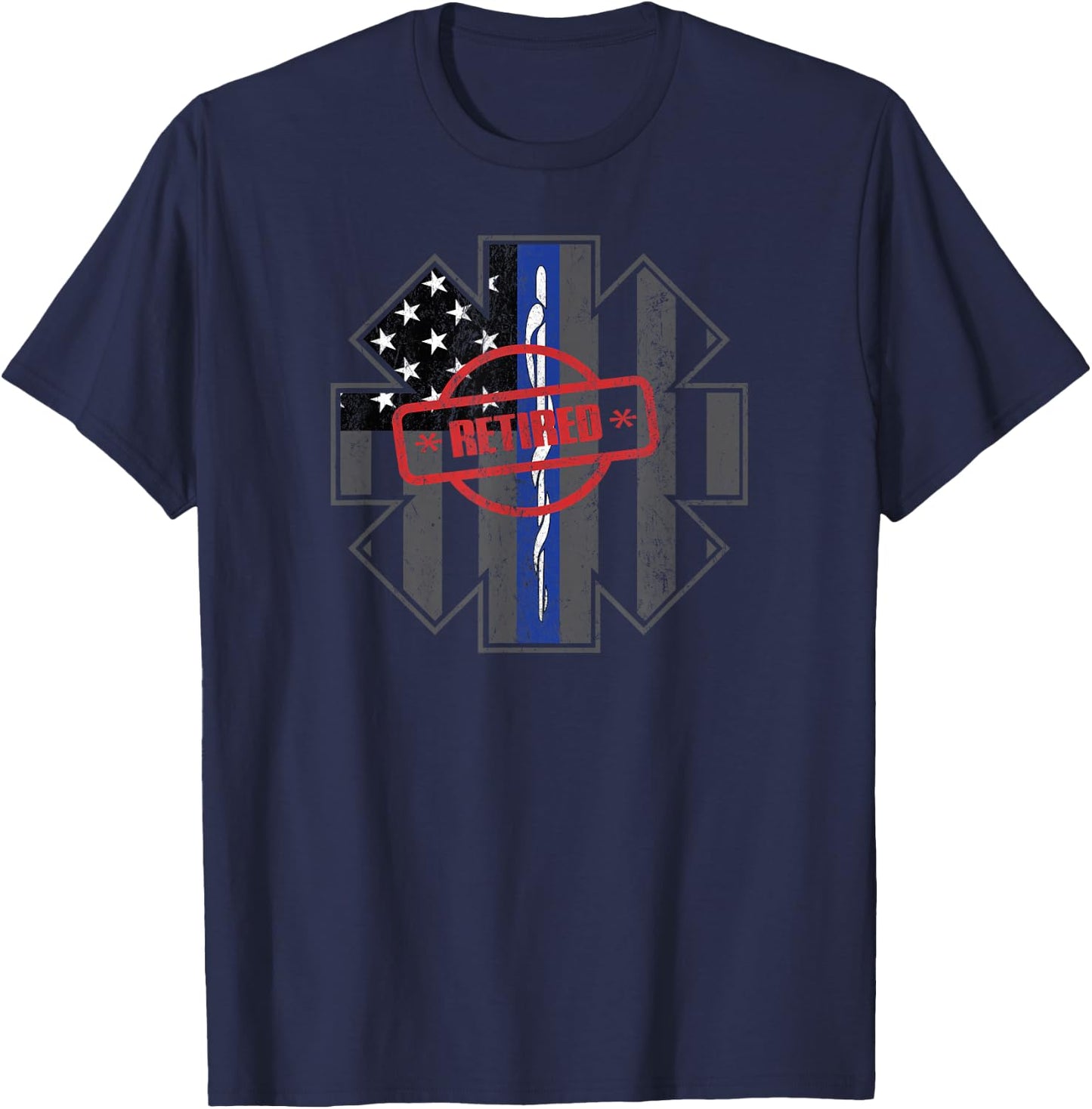 Retired EMT Paramedic Thin Blue Line Distressed T-Shirt - T-Shirt | Navy