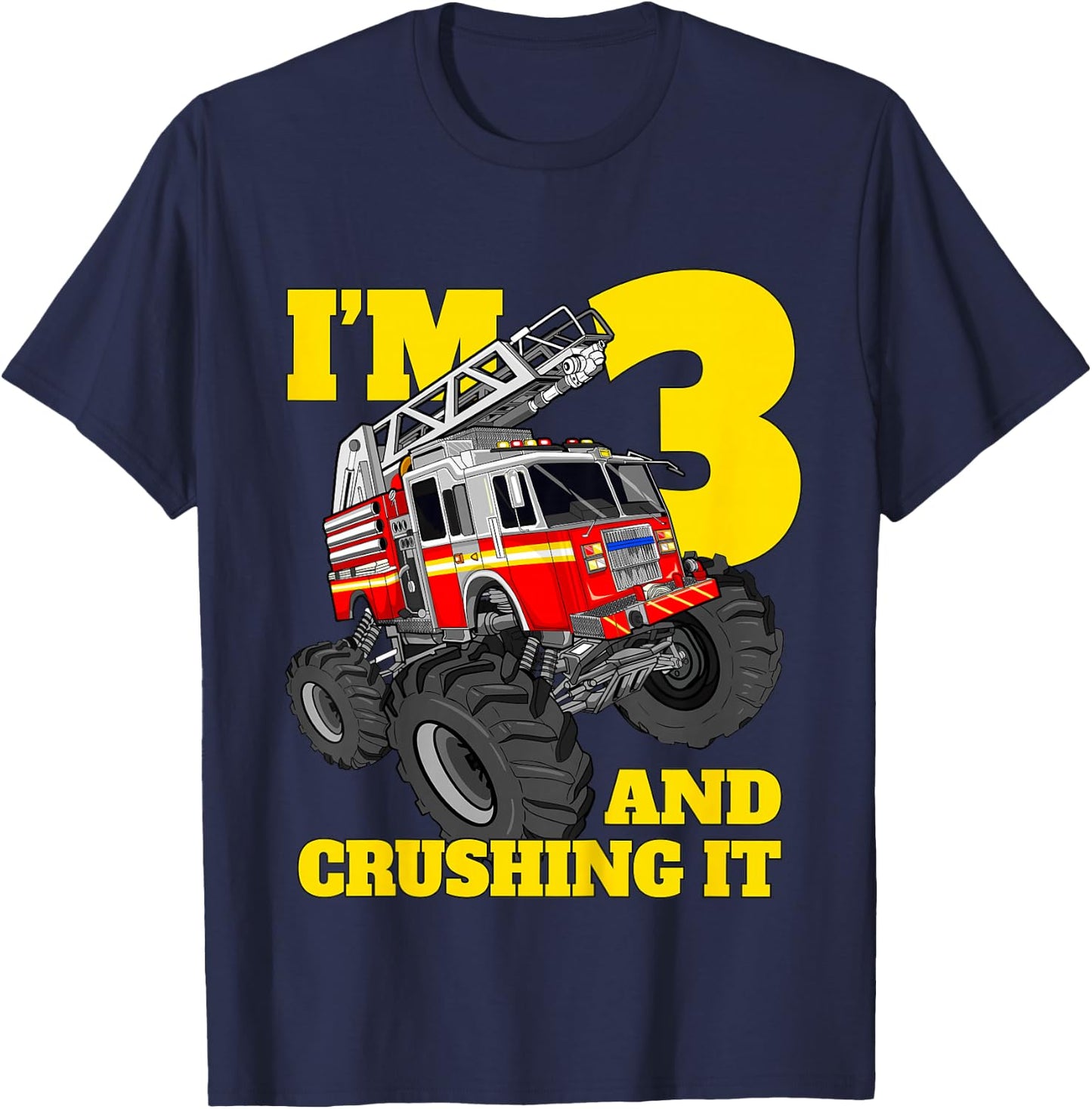 Kids Monster Fire Truck 3rd Birthday Boy Toddler 3 Firefighter T-Shirt - T-Shirt | Navy