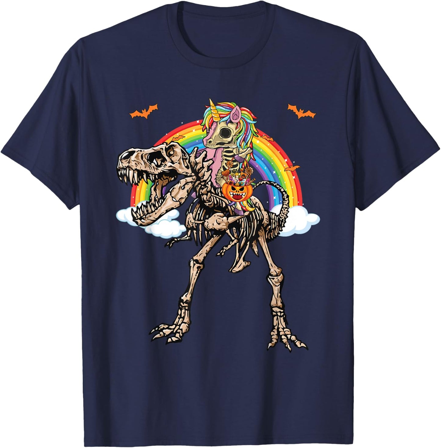 Skeleton Unicorn Riding Dinosaur T Rex Halloween T-Shirt - T-Shirt | Navy