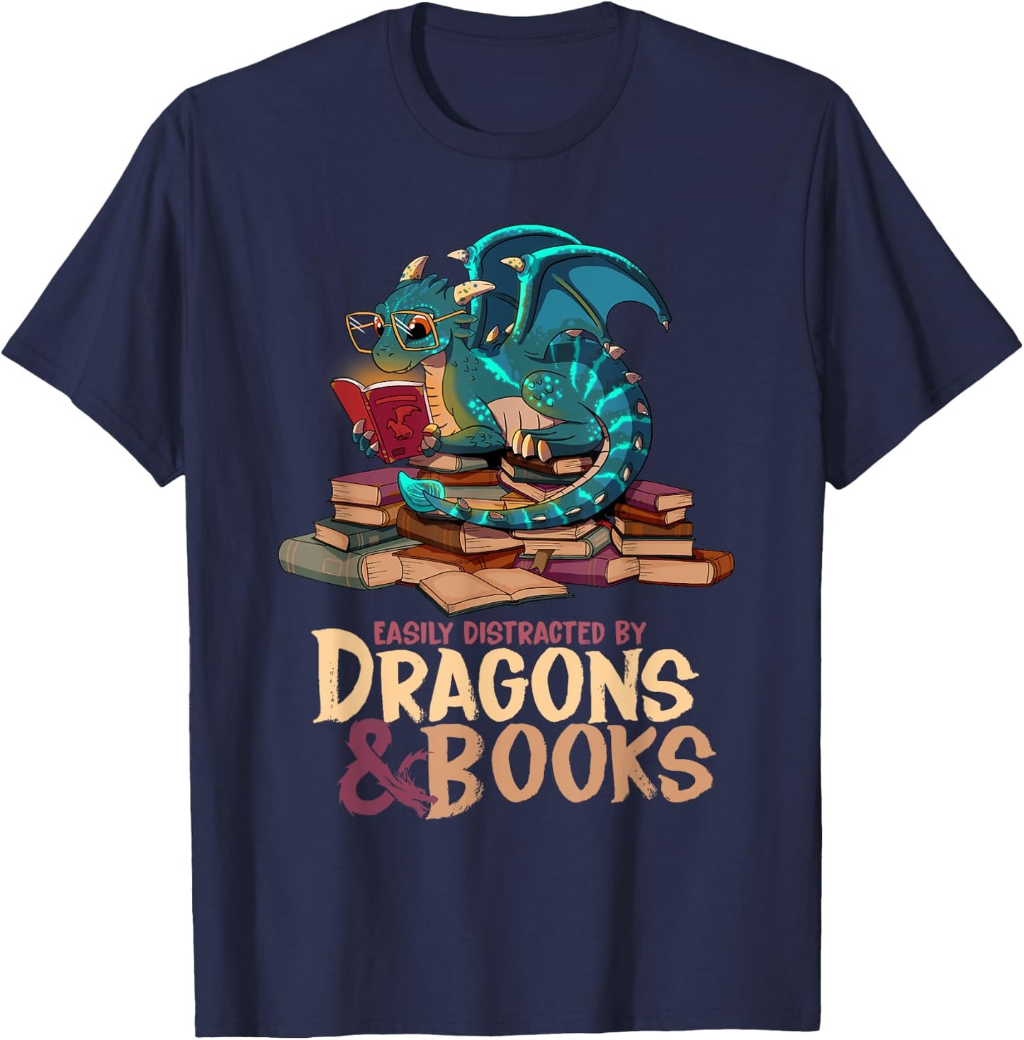 Easily Distracted By Dragons & Books Dragon Book Lover T-Shirt - T-Shirt | Navy