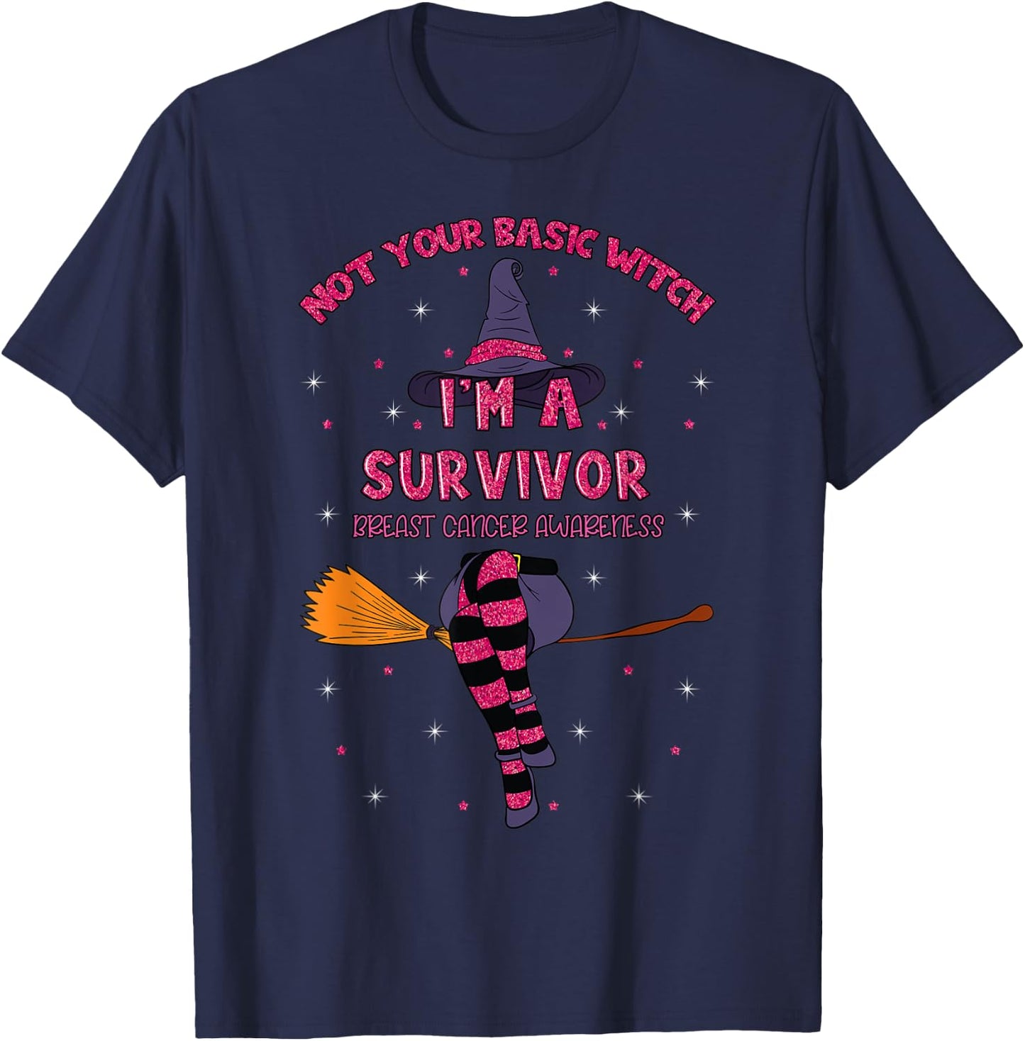 Halloween Witch Pink Awareness Ribbon Breast Cancer Survivor T-Shirt - T-Shirt | Navy
