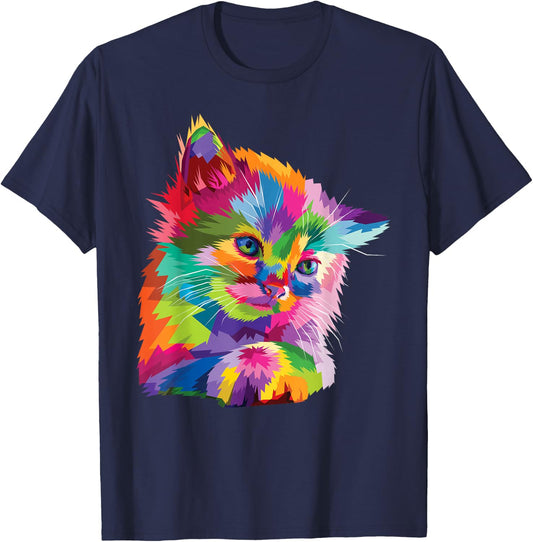 Rainbow Kitten Colorful Feline Mosaic Kitty Portrait T-Shirt - T-Shirt | Navy