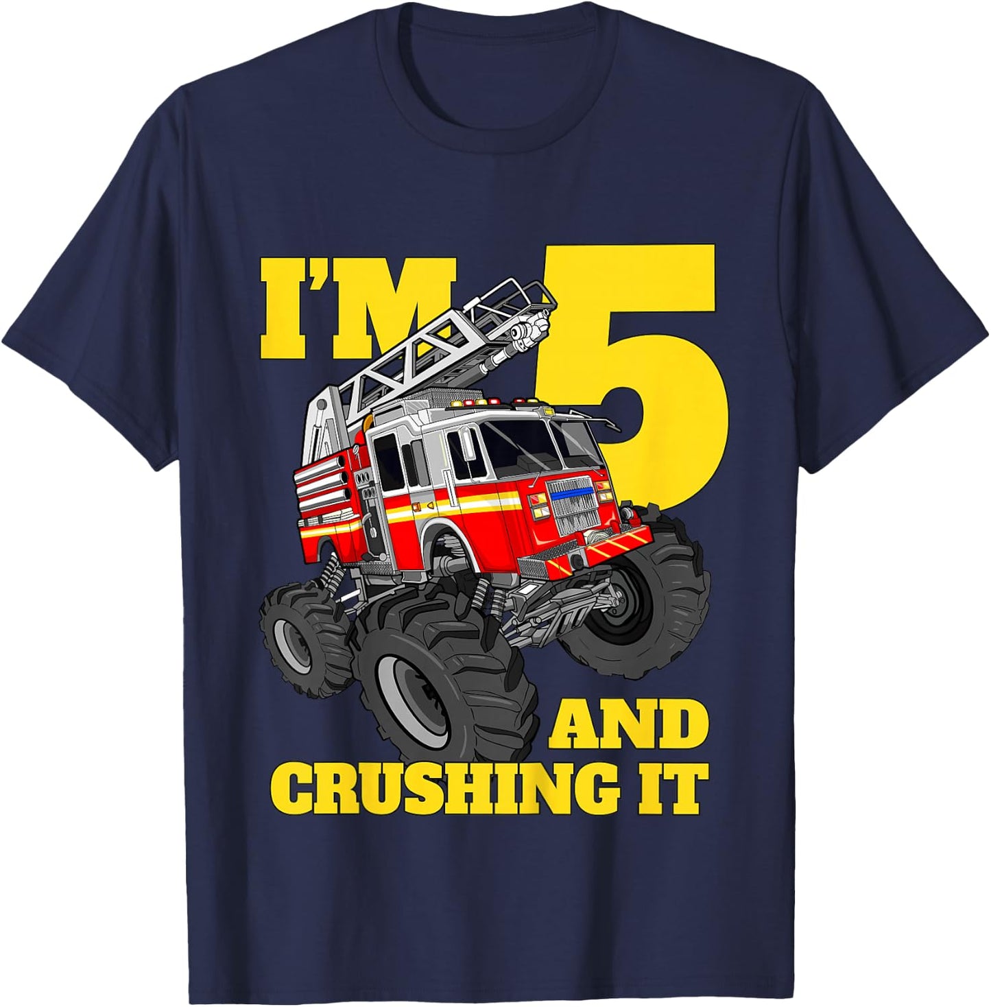 Kids Monster Fire Truck 5th Birthday Boy 5 Five Firefighter T-Shirt - T-Shirt | Navy