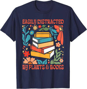 Reading Book Plant Lady Easily Distracted By Plants & Books T-Shirt - T-Shirt | Navy