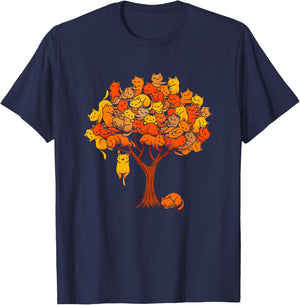 Cats And Tree Black Women's Cotton 100% T-Shirt - T-Shirt | Navy