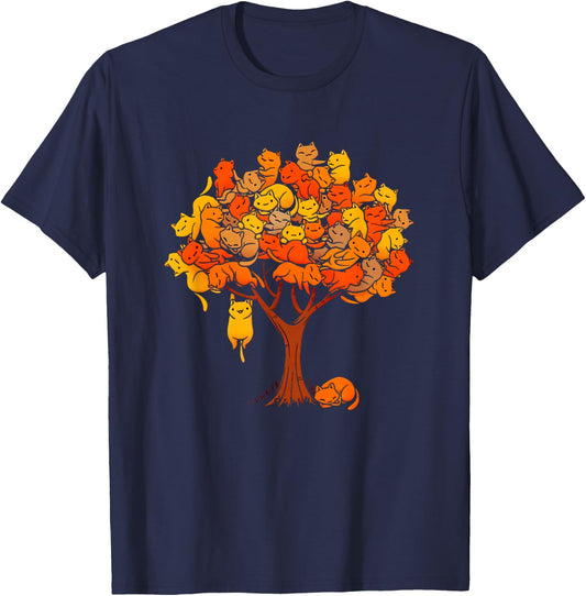 Cats And Tree Black Women's Cotton 100% T-Shirt - T-Shirt | Navy