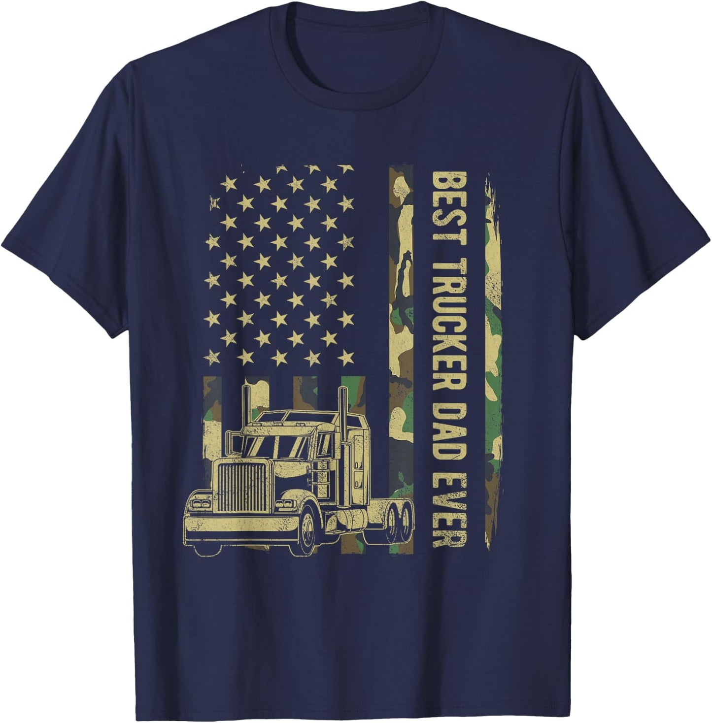 Best Trucker Dad Camouflage American Flag Fathers Day T-Shirt - T-Shirt | Navy