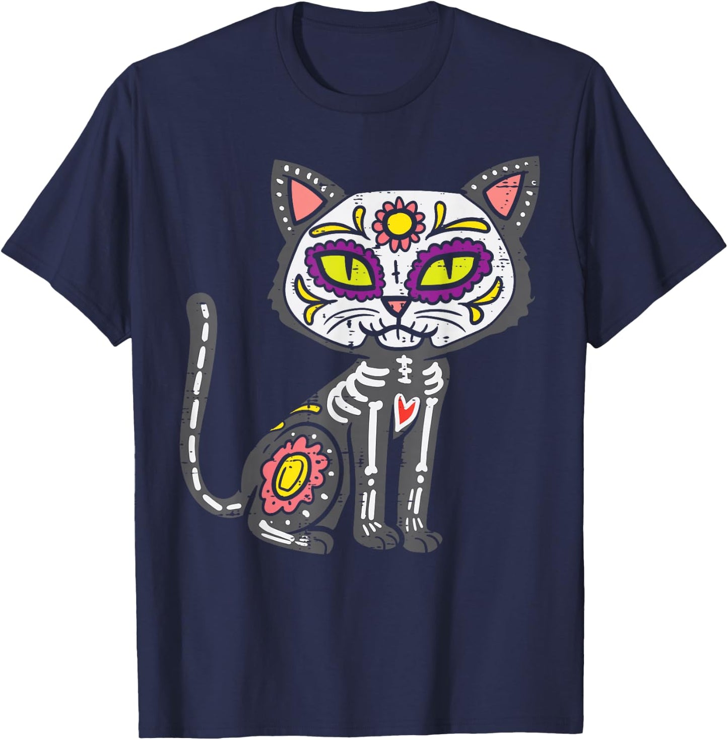 Sugar Skull Cat Dia De Muertos Day Of Dead Halloween Mexican T-Shirt - T-Shirt | Navy