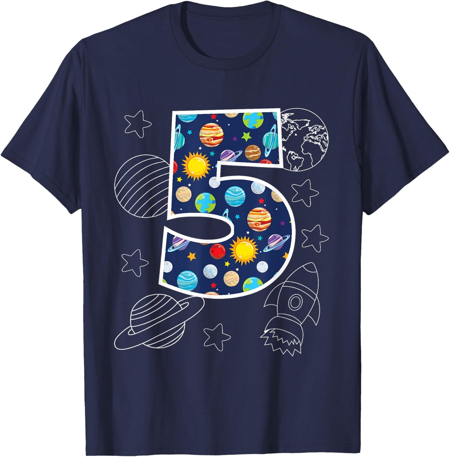 Outer Space 5 Year Old 5th Birthday Party Boys Girls Space T-Shirt - T-Shirt | Navy