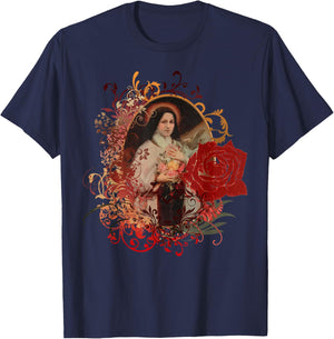 St Therese of Lisieux Rose Flower Catholic Gifts T-Shirt - T-Shirt | Navy