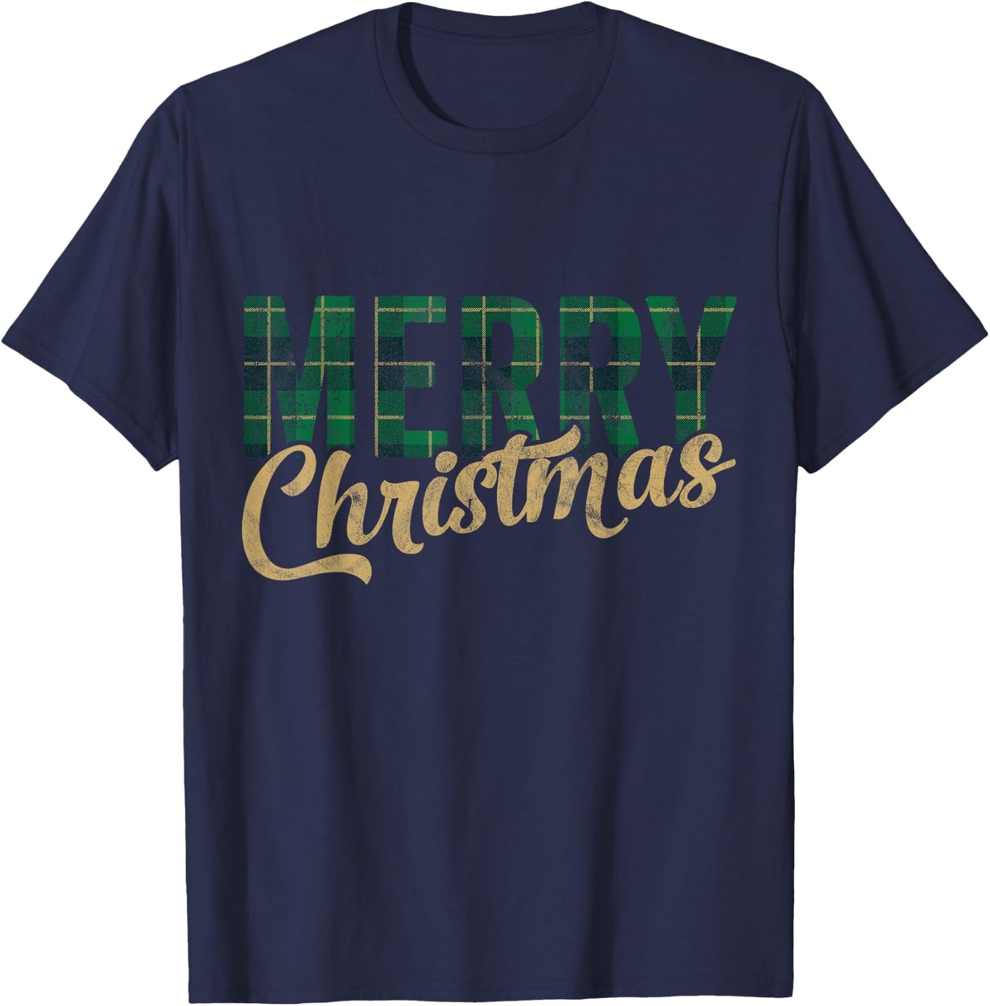 Retro Merry Christmas Green Plaid Gift Fun Happy Family Xmas T-Shirt - T-Shirt | Navy
