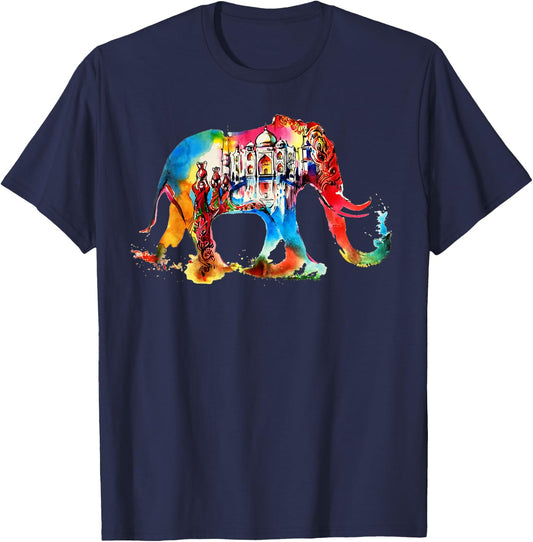 India Elephant Vintage Travel Love Watercolor T-Shirt - T-Shirt | Navy