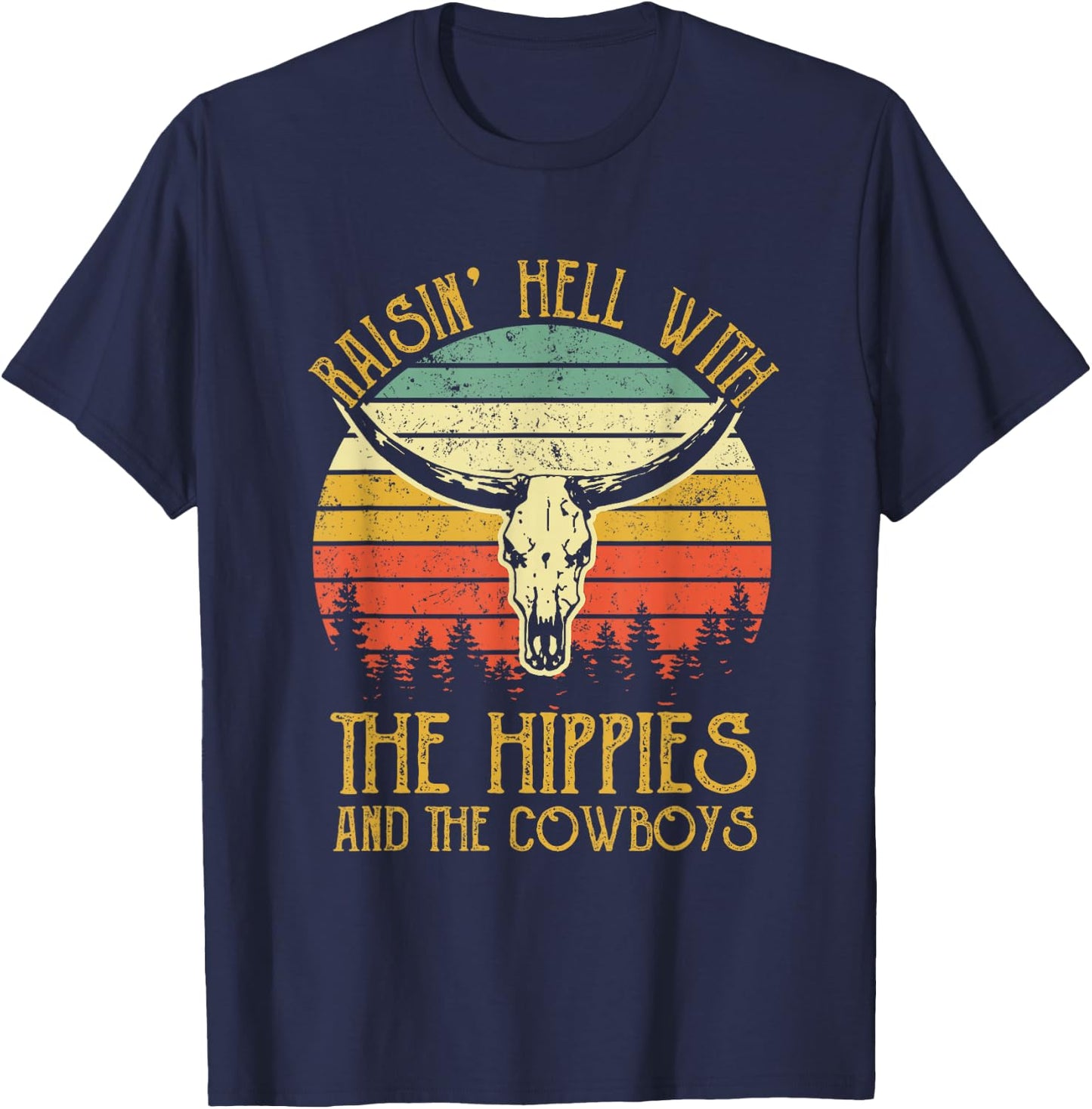 Raising-Hell with The Hippies and Cowboys Western Cowhide T-Shirt - T-Shirt | Navy