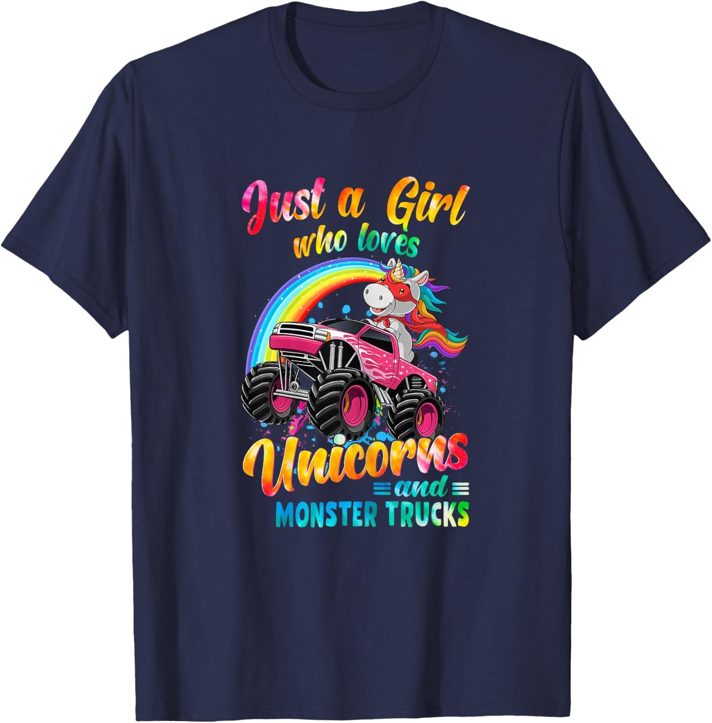 Just A Girl Who Loves Unicorns And Monster Trucks Girls Kid T-Shirt - T-Shirt | Navy