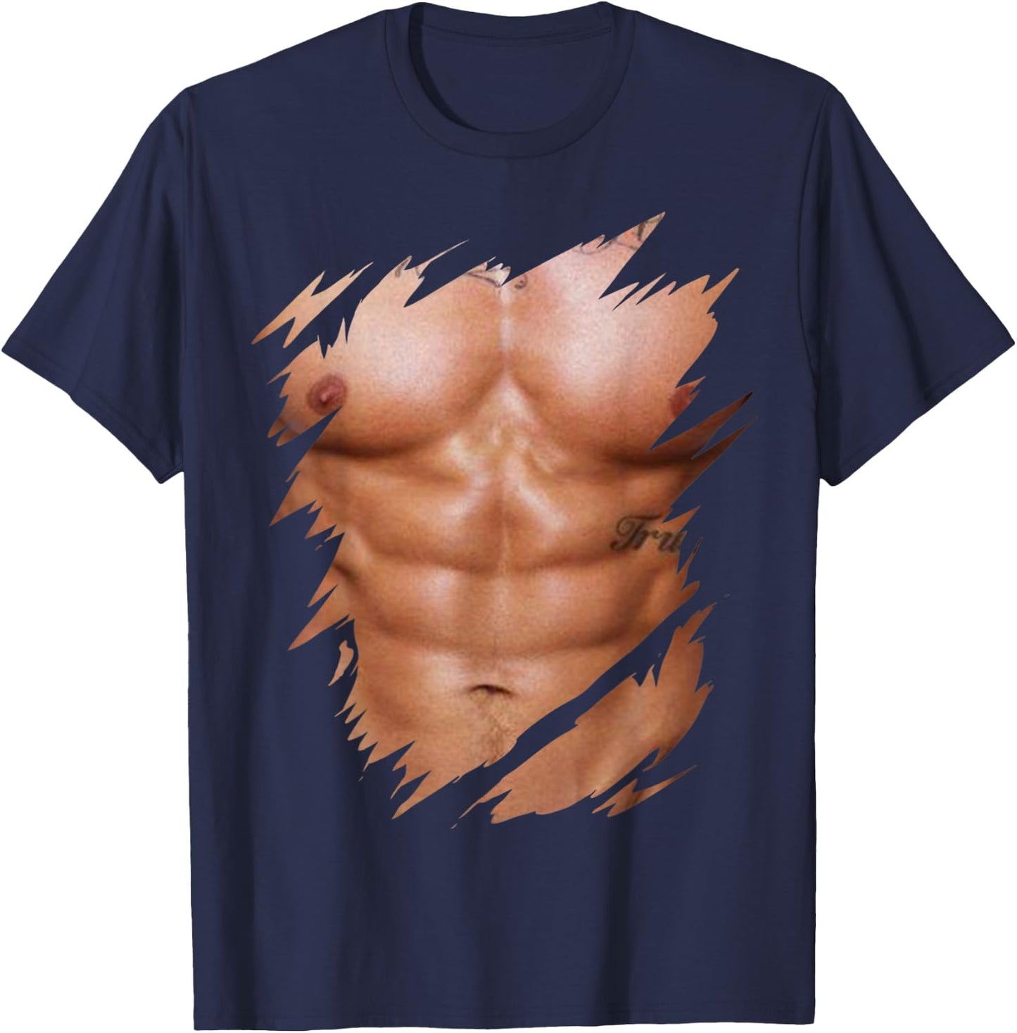 Fake Muscles Ripped Torn Chest Six Pack Abs T-Shirt - T-Shirt | Navy