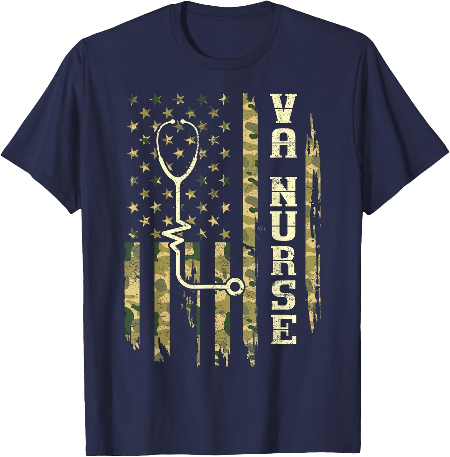 VA Nurse Camouflage American Flag Patriotic Medical Worker T-Shirt - T-Shirt | Navy