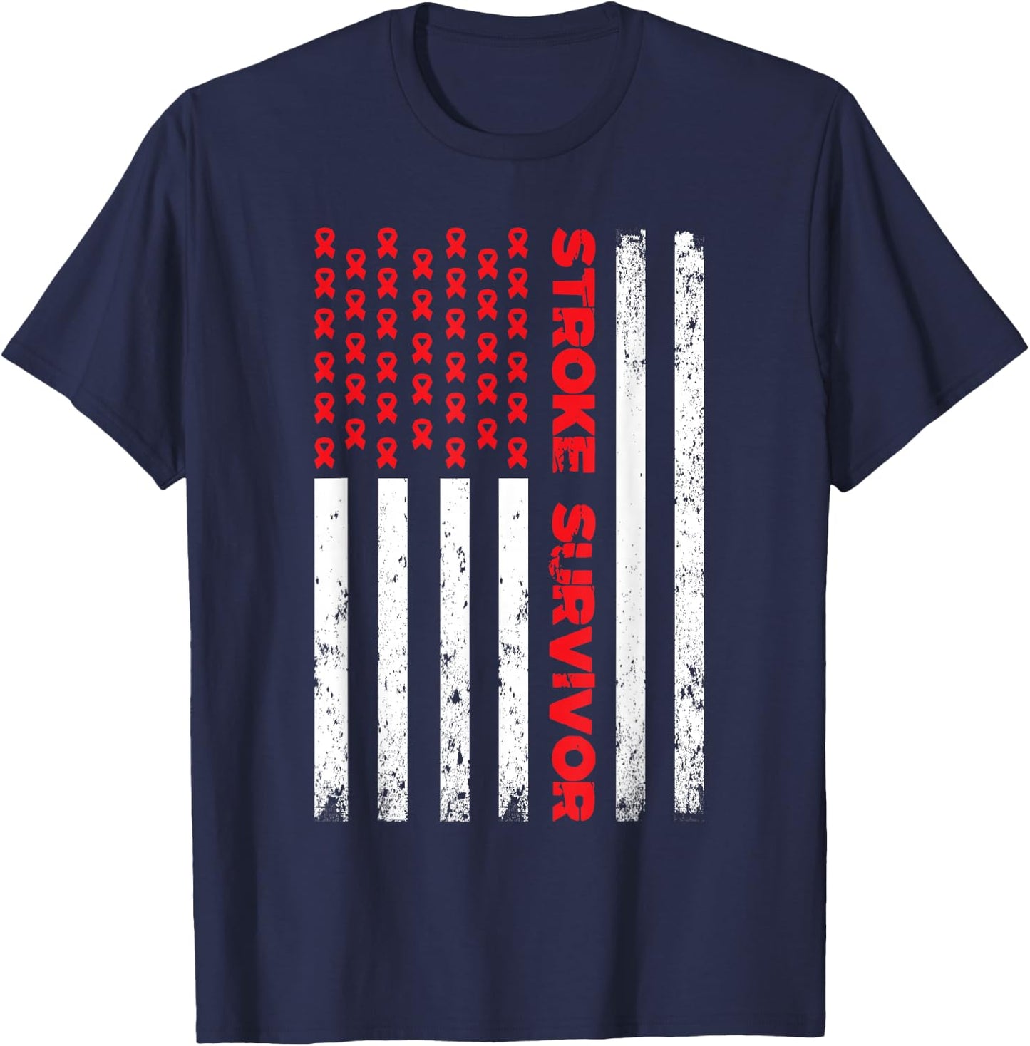 USA Flag Stroke Survivor Awareness Red Ribbon Brain Attack T-Shirt - T-Shirt | Navy