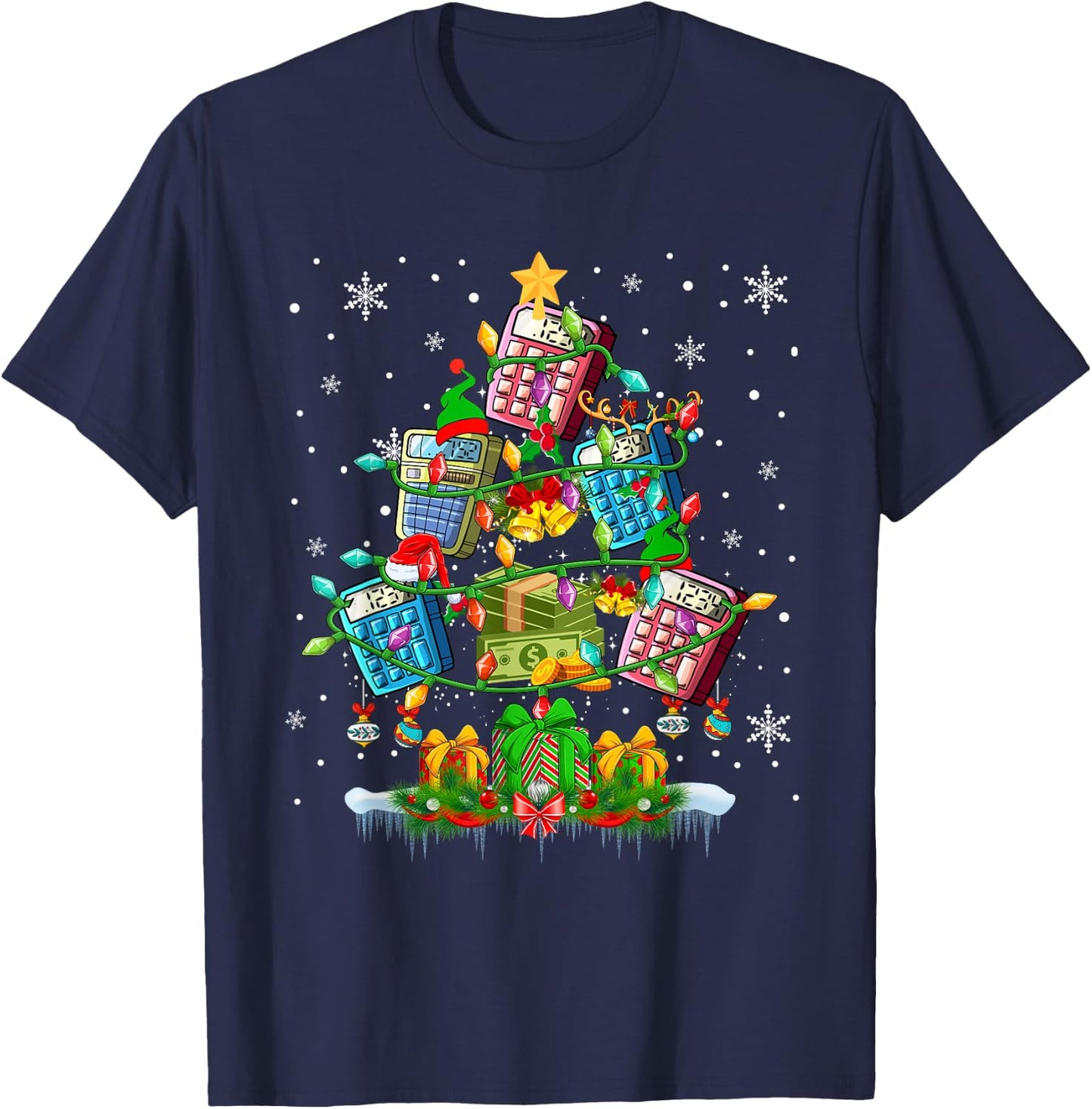 X-mas Tree Santa Reindeer Elf Calculators Accountant Lover T-Shirt - T-Shirt | Navy