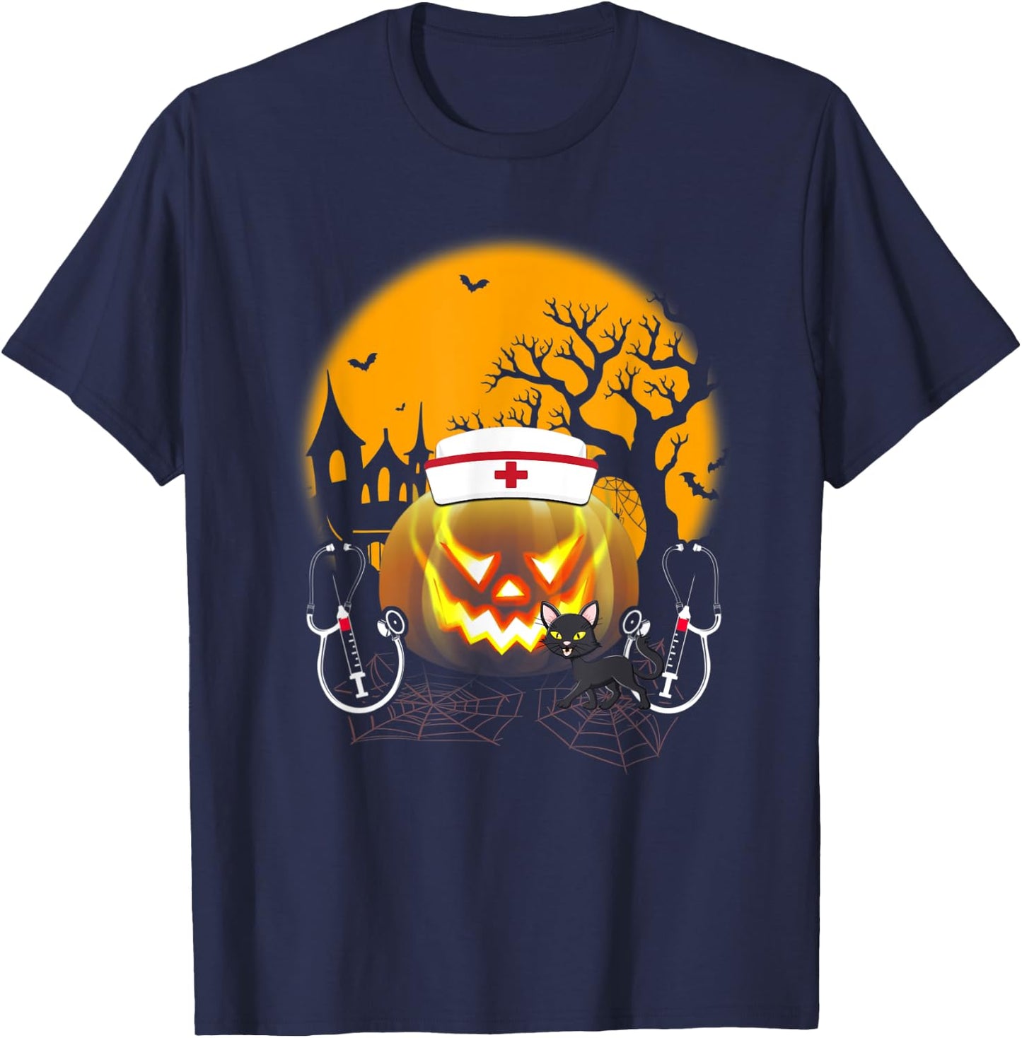 Funny Cute Nurse Costume Halloween Stethoscope Pumpkin Gift T-Shirt - T-Shirt | Navy