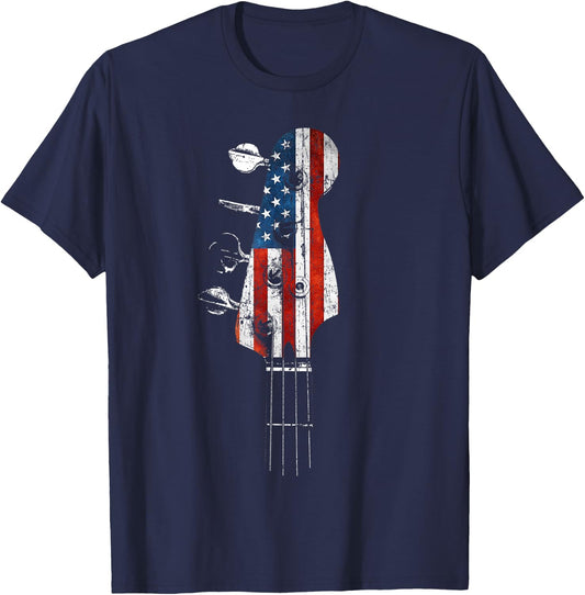 Bass Guitar Headstock USA Flag for Bassist and Bass Player T-Shirt - T-Shirt | Navy