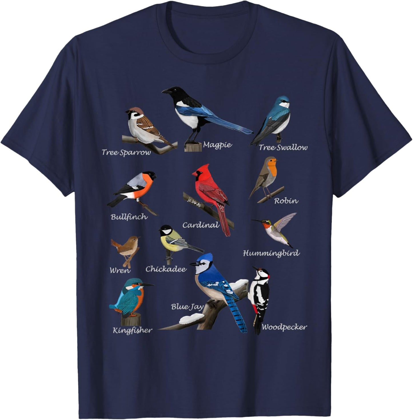 Garden Birds Cardinal Blue Jay Hummingbird Robin Wren Finch T-Shirt - T-Shirt | Navy
