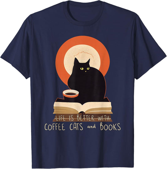 Life is Better With Coffee Cats and Books - Cat Lover T-Shirt - T-Shirt | Navy