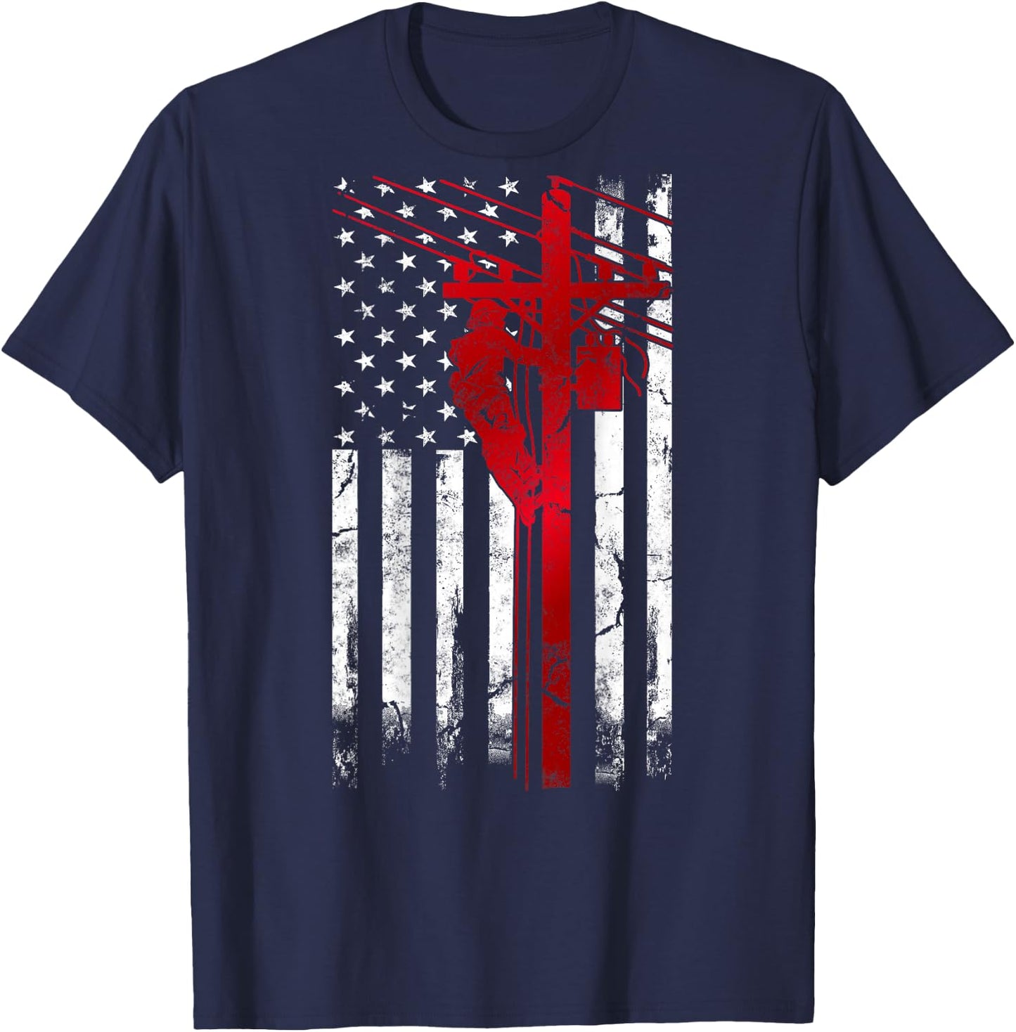 Lineman American Flag Electric Cable Lineman fathers day T-Shirt - T-Shirt | Navy