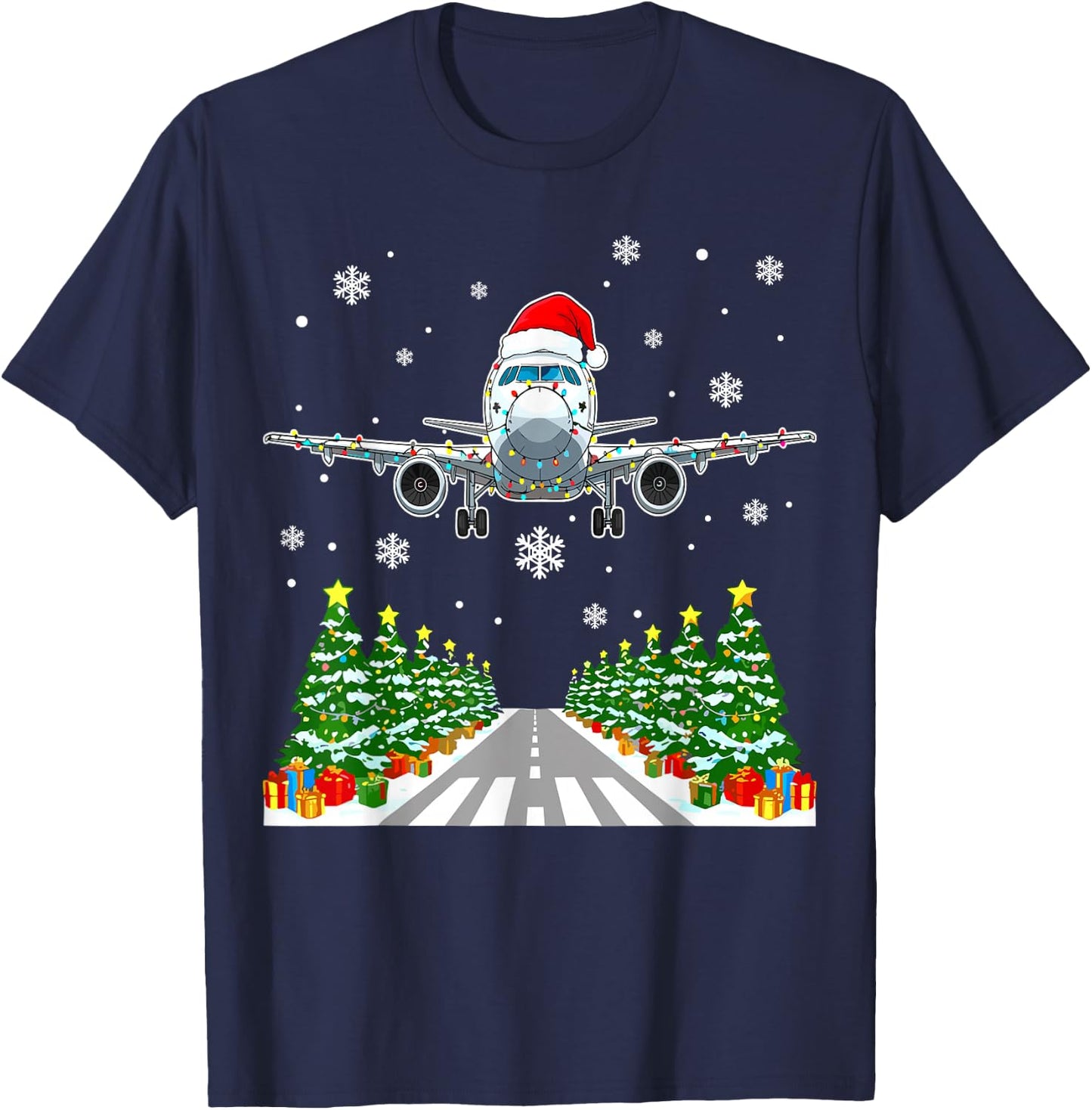 Christmas Airplane Santa Trees Lights Pilot Aviation T-Shirt - T-Shirt | Navy