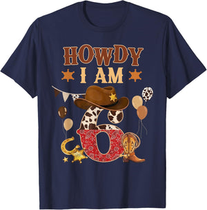 Howdy I'm 6 Western Cowboy 6th Birthday Boy Kids 6 Year Old T-Shirt - T-Shirt | Navy