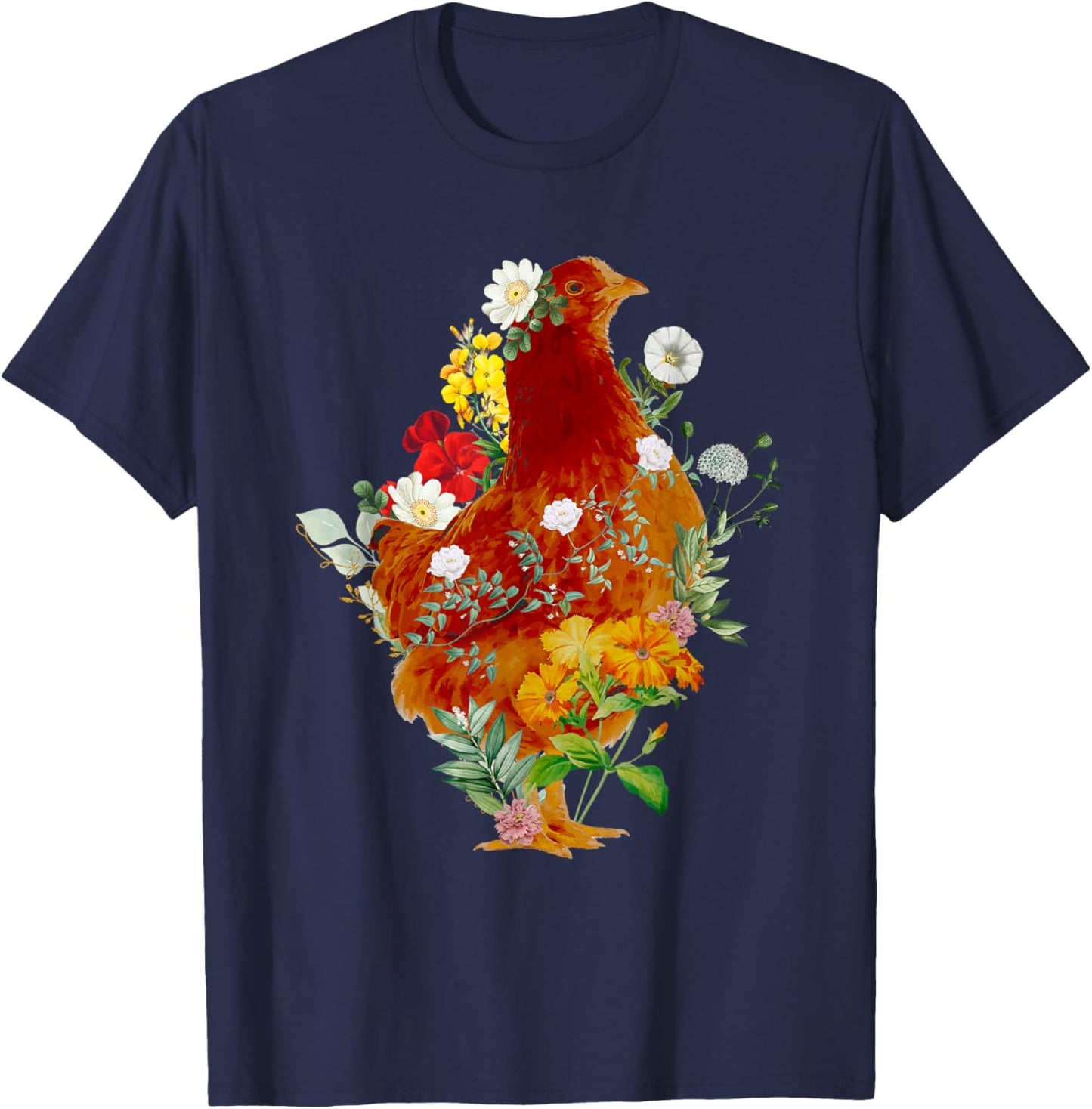 Cute Chicken Vintage Floral Botanical Flower Garden Tea T-Shirt - T-Shirt | Navy