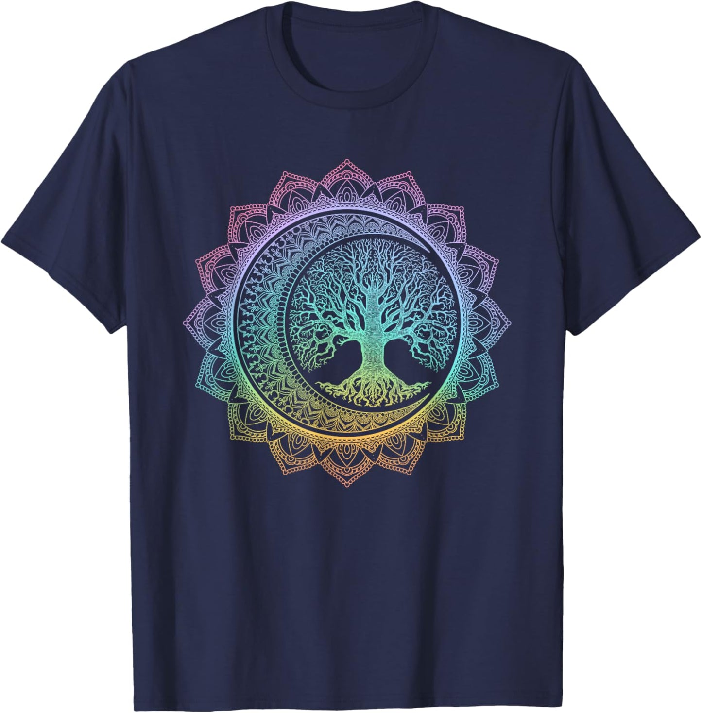 Tree of Life Cresent Moon Phases Floral Mandala Yoga Gift T-Shirt - T-Shirt | Navy