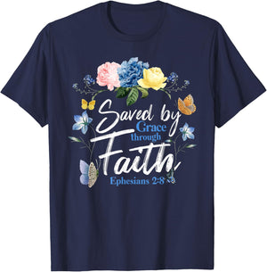 Christian Bible Verse Butterfly Rose Flower Ephesians 2:8 T-Shirt - T-Shirt | Navy
