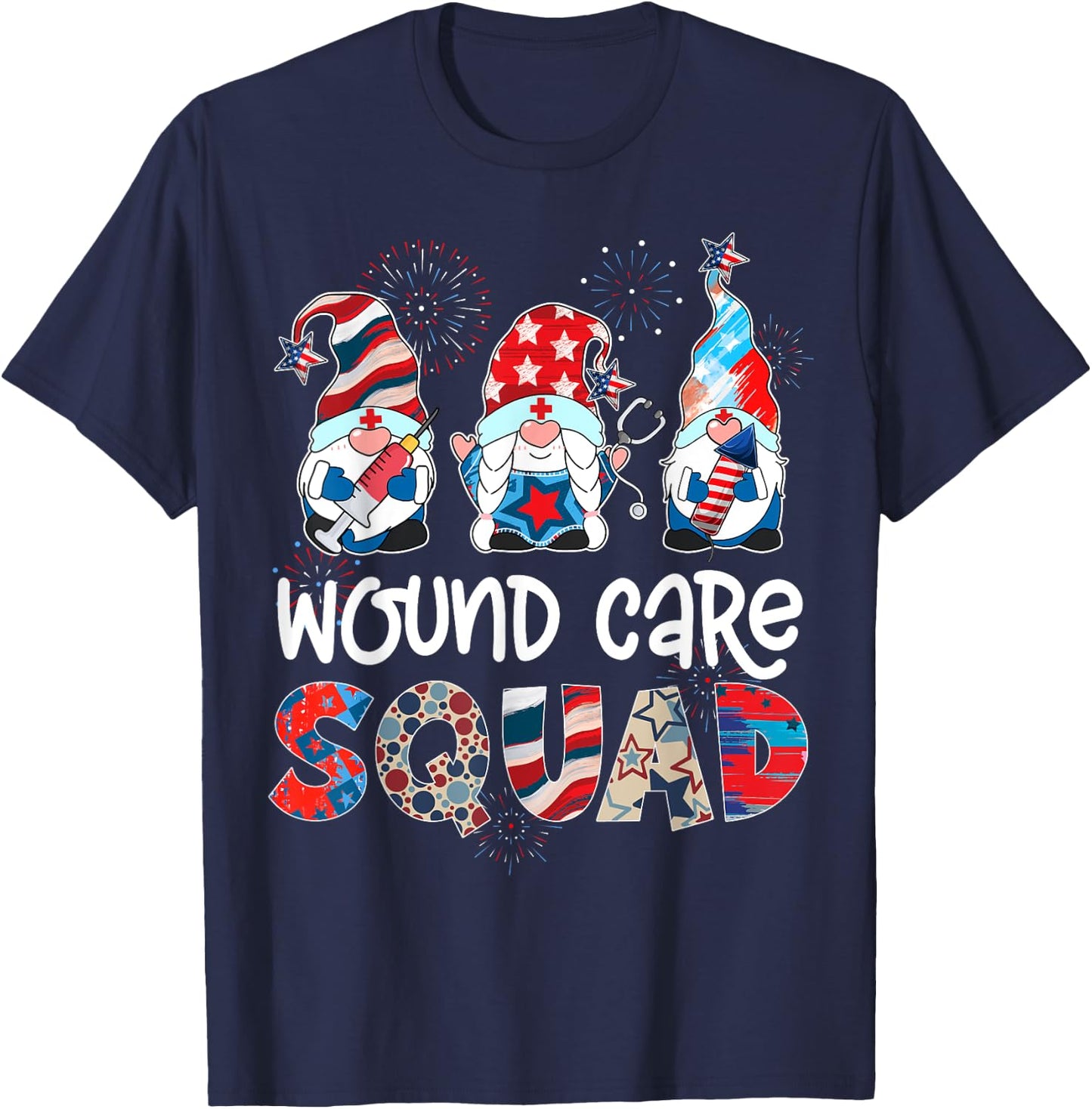 Wound Care Squad Gnomes 4th Of July Pride Nurse Stethoscope T-Shirt - T-Shirt | Navy