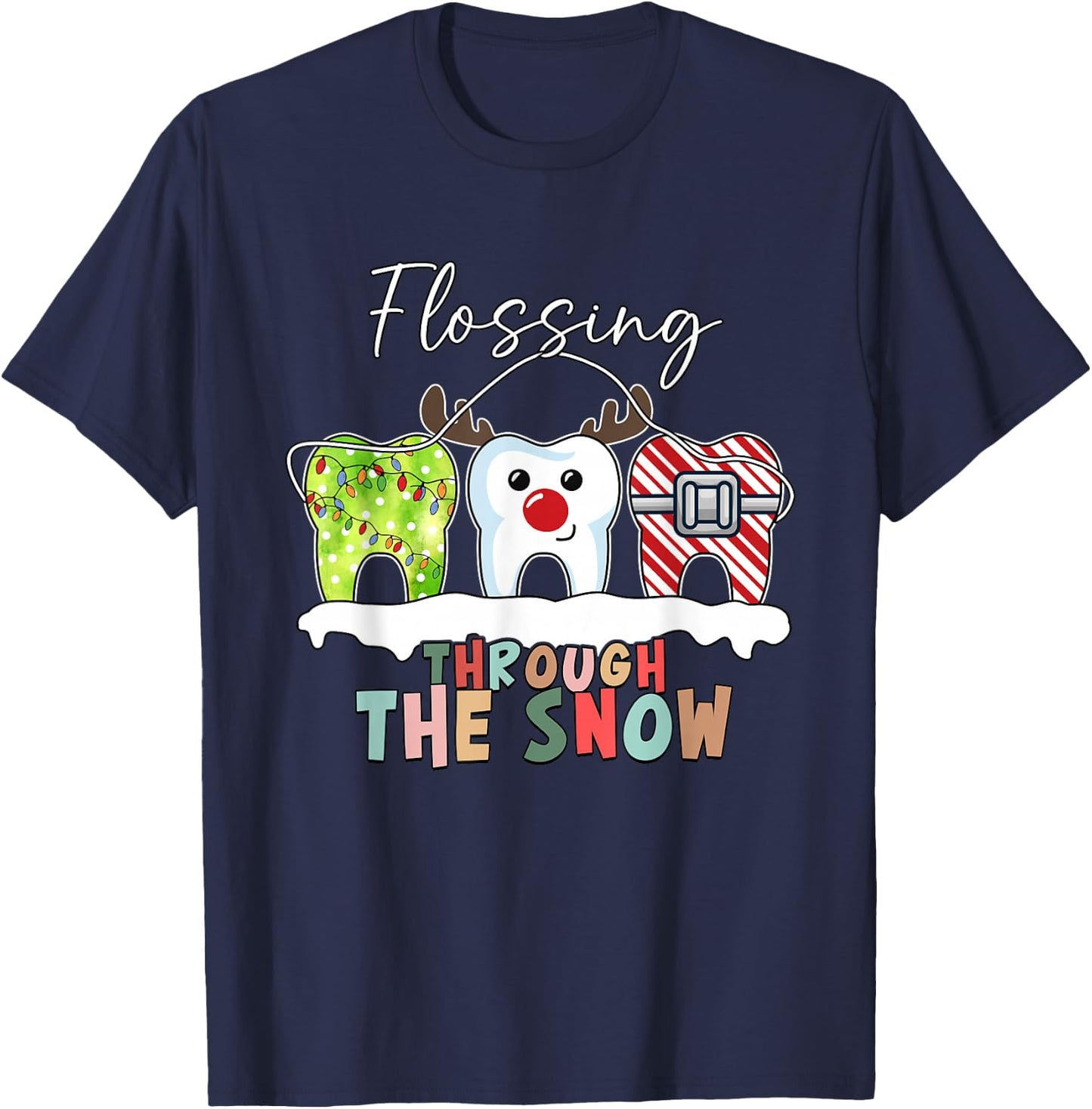 Flossing Through The Snow Dental Hygienist Christmas Dentist T-Shirt - T-Shirt | Navy
