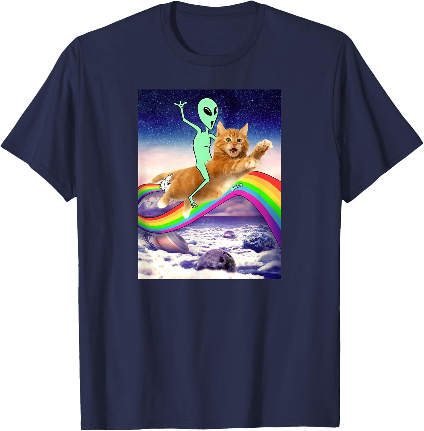 Alien Riding Cat Over Rainbow Men Women Kids T-Shirt - T-Shirt | Navy
