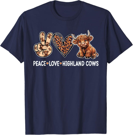 Peace Love Highland Cows Funny Beef Farmer Farm Cow Lover T-Shirt - T-Shirt | Navy