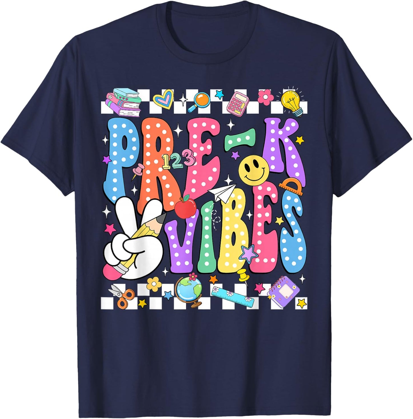 Groovy Pre-K Vibes Back to School Preschool Teacher Kids T-Shirt - T-Shirt | Navy